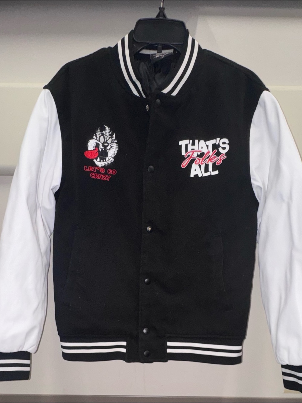 Warner Bros. Black and White Varsity Jacket with 'That's Folks All' Script